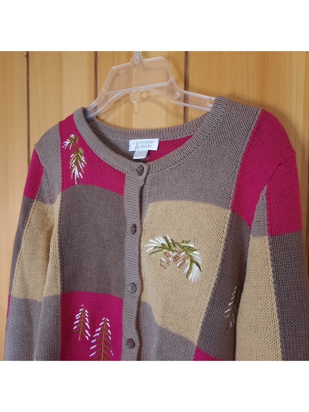 Christopher & Banks Fall Colorblock Embroidered Pine Cone Chunky Cardigan Medium